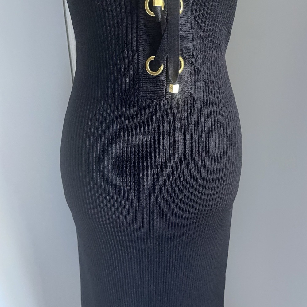 MICHAEL Michael Kors Sz L Black Ribbed Knit Lace-Up Sweater Dress Bodycon - Picture 6 of 11